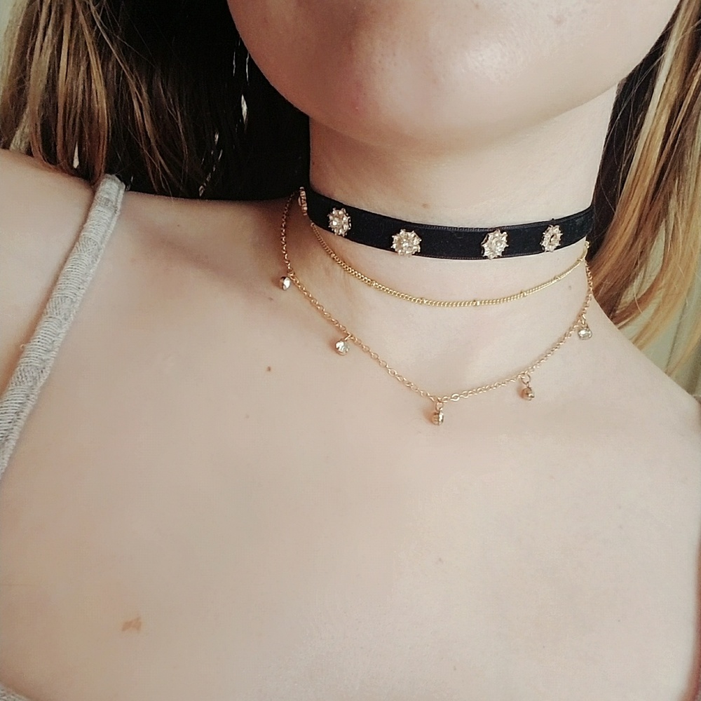 Layered velvet rhinestone choker
